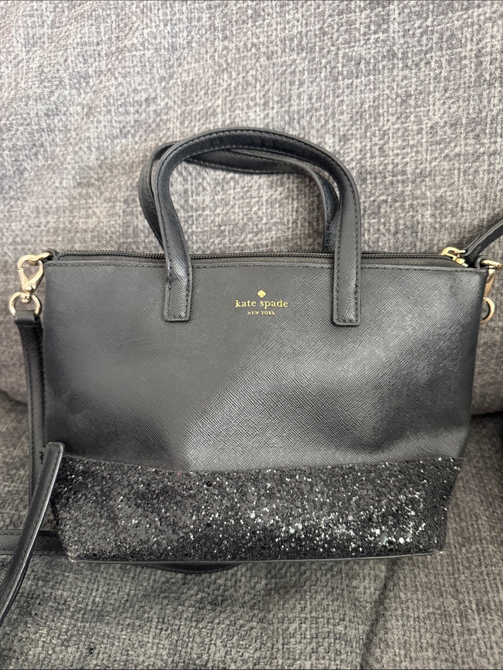 kate spade Black Leather Satchel with Glitter Accent